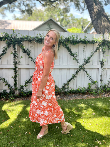 Orange floral midi dress