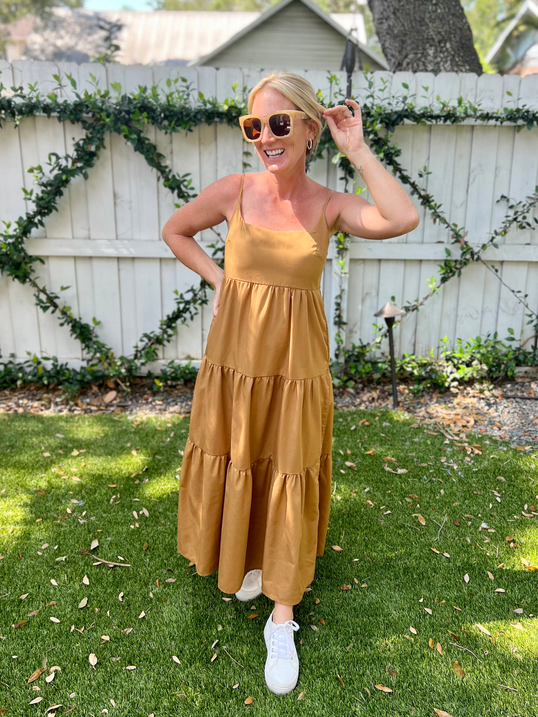 tan tiered maxi dress