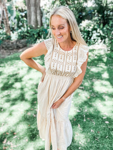 cream embroidered midi dress